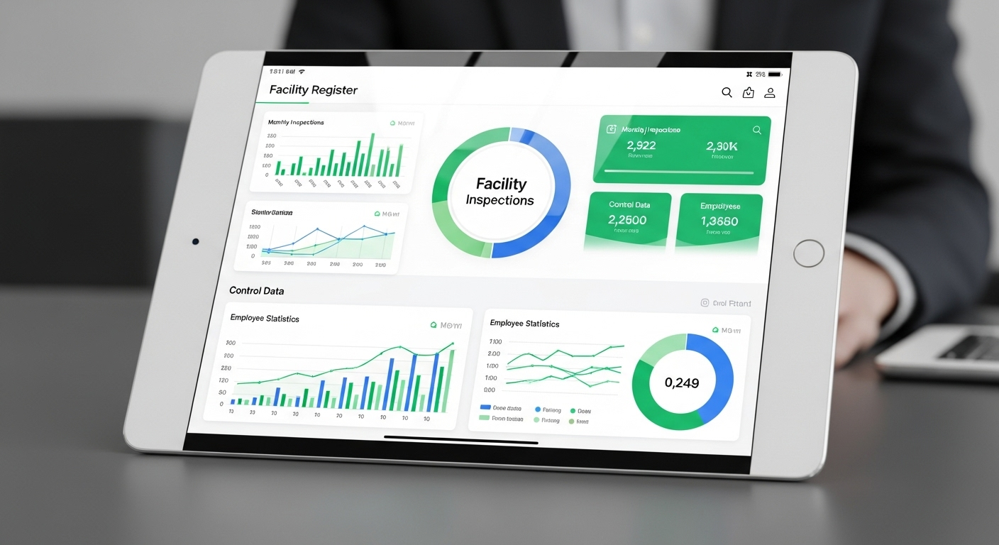 iPad anleggsregister dashboard med inspeksjonsstatistikk og kontrolldata for VVS-anlegg